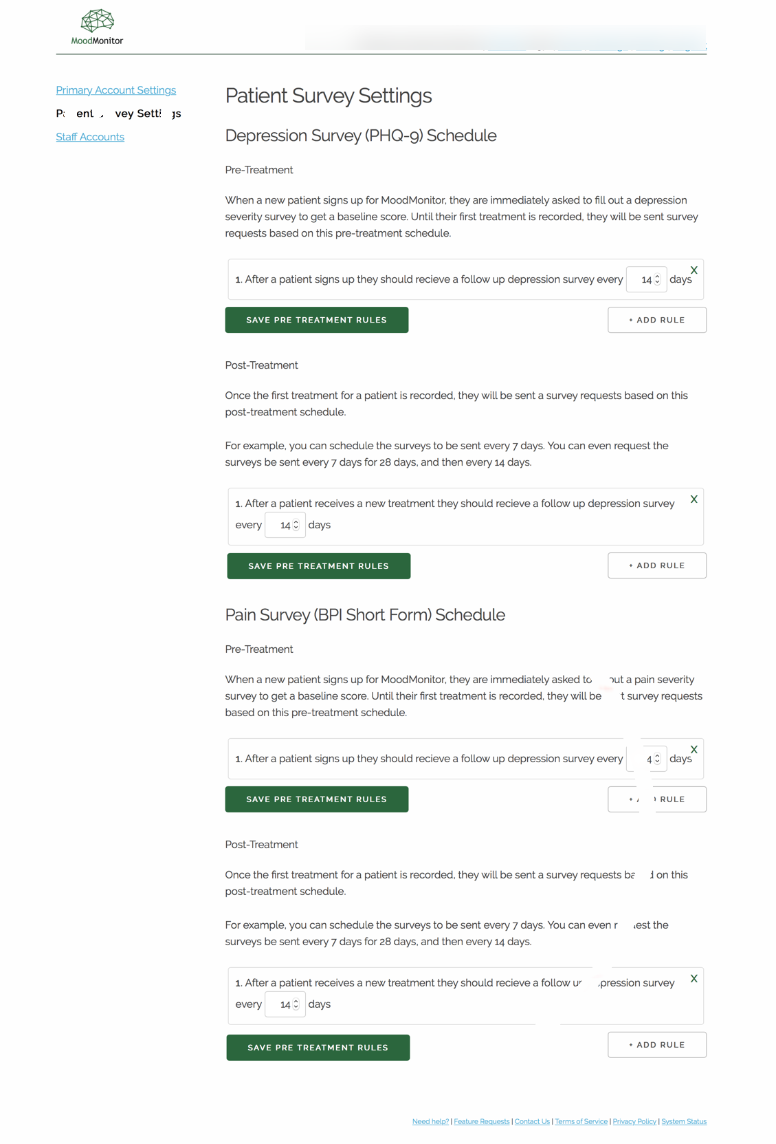 MoodMonitor survey settings — scheduling PHQ-9 and BPI pain surveys before and after treatment
